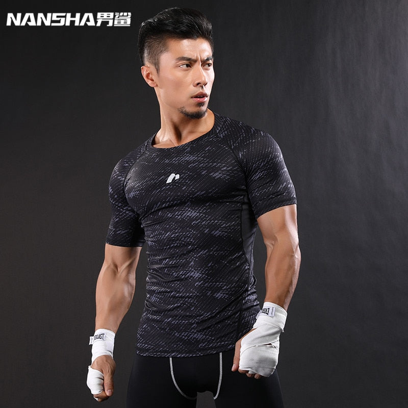 NANSHA Brand-Clothing Gyms Compression T-Shirt Workout T Shirt Fitness Slim Tights Casual Shirts Quick Dry Breathable