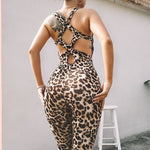 New Women Hollow Cross Backless Leopard Jumpsuit Fitness Leopard Print Women's Elasticity Jumpsuit