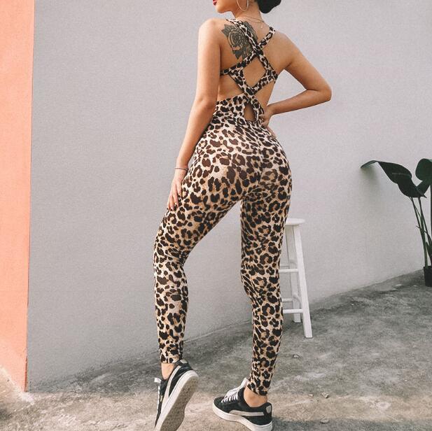 New Women Hollow Cross Backless Leopard Jumpsuit Fitness Leopard Print Women's Elasticity Jumpsuit