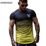 Gradient color Fashion T Shirt Men Fast compression Breathable Mens Short Sleeve Fitness Mens t-shirt Gyms Tee Tight Casual Top