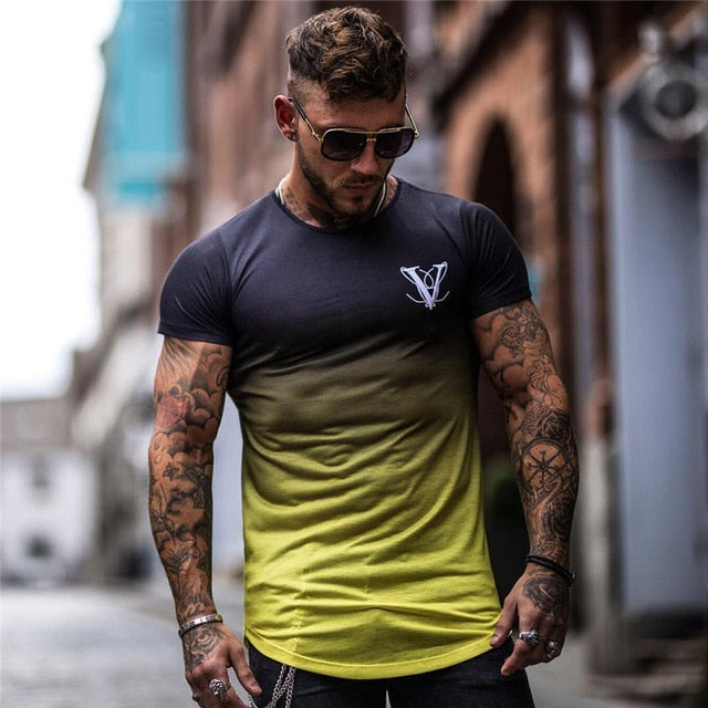 Gradient color Fashion T Shirt Men Fast compression Breathable Mens Short Sleeve Fitness Mens t-shirt Gyms Tee Tight Casual Top