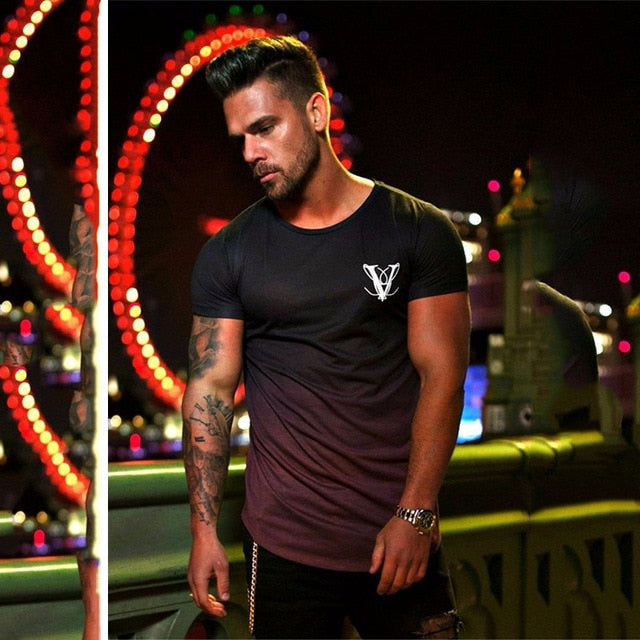 Gradient color Fashion T Shirt Men Fast compression Breathable Mens Short Sleeve Fitness Mens t-shirt Gyms Tee Tight Casual Top